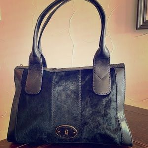Fossil Purse, Black with Faux Cow Hide Exterior